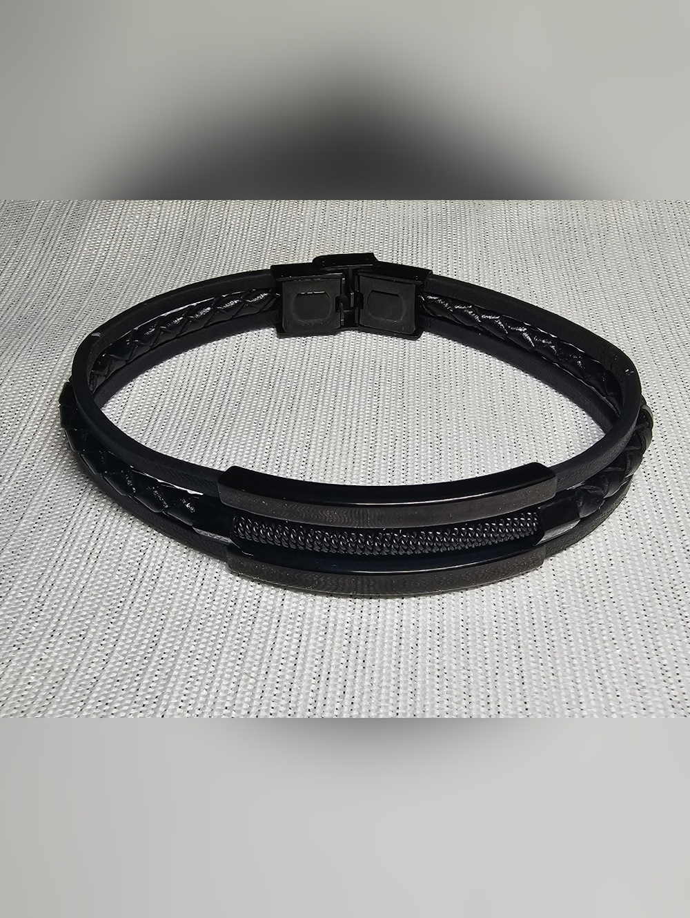 Stainless Steel / Copper :Black Braided Leather Men's Bracelet